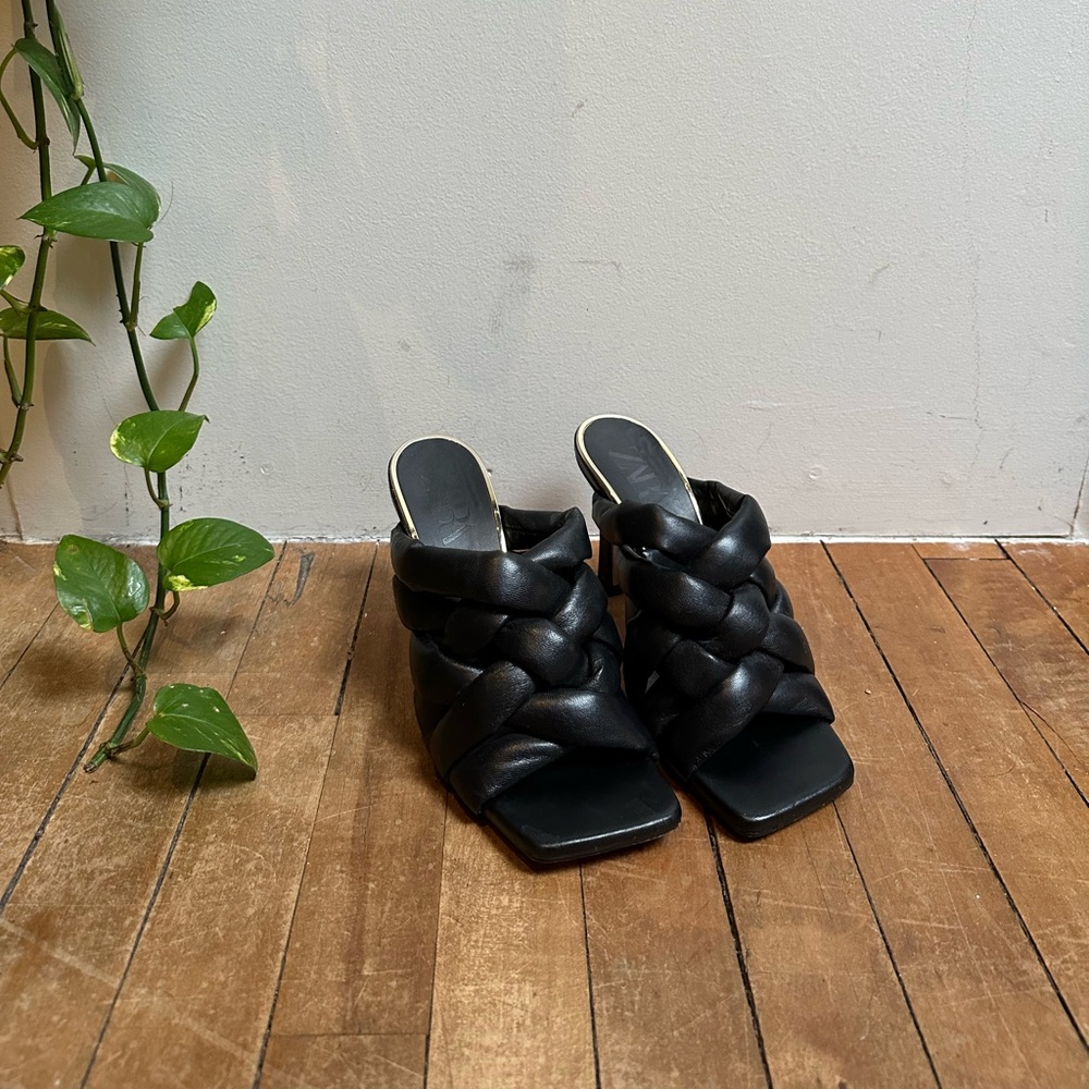 Black padded Zara heeled mules, size 38